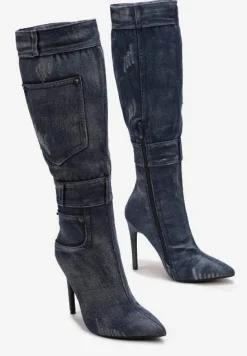 Niebieskie Jeansowe Kozaki przed Kolano na Szpilce Tusmma