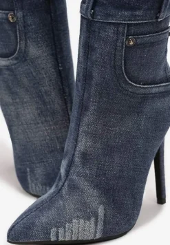 Niebieskie Jeansowe Kozaki przed Kolano na Szpilce Tusmma
