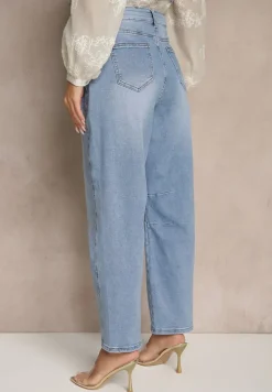 Niebieskie Jeansy Balloon High Waist z Przeszyciami na Wysokości Kolan Nollimi