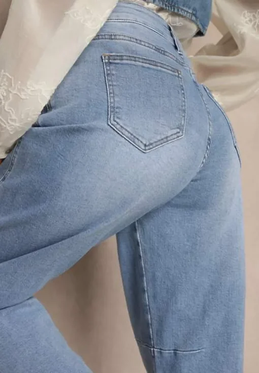 Niebieskie Jeansy Balloon High Waist z Przeszyciami na Wysokości Kolan Nollimi