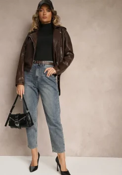 Niebieskie Jeansy Boyfriend z Bawełny Ozdobione Haftem i Paskiem Sanaleth