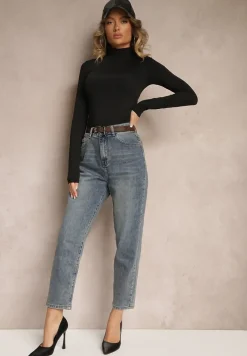 Niebieskie Jeansy Boyfriend z Bawełny Ozdobione Haftem i Paskiem Sanaleth