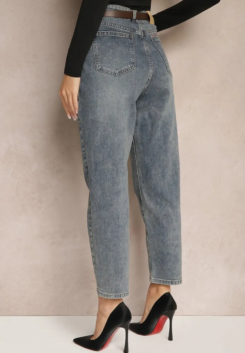 Niebieskie Jeansy Boyfriend z Bawełny Ozdobione Haftem i Paskiem Sanaleth