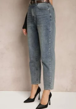 Niebieskie Jeansy Boyfriend z Bawełny Ozdobione Haftem i Paskiem Sanaleth