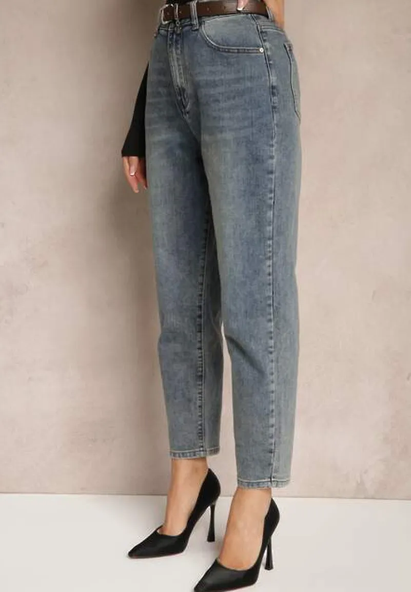 Niebieskie Jeansy Boyfriend z Bawełny Ozdobione Haftem i Paskiem Sanaleth