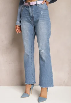 Niebieskie Jeansy Dzwony z Przedarciami i Paskiem z Klamrą z Cyrkoniami Letha