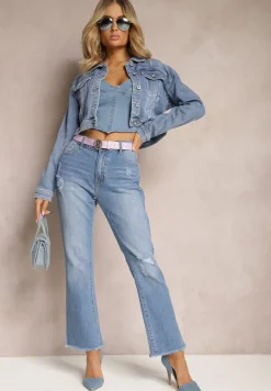 Niebieskie Jeansy Dzwony z Przedarciami i Paskiem z Klamrą z Cyrkoniami Letha
