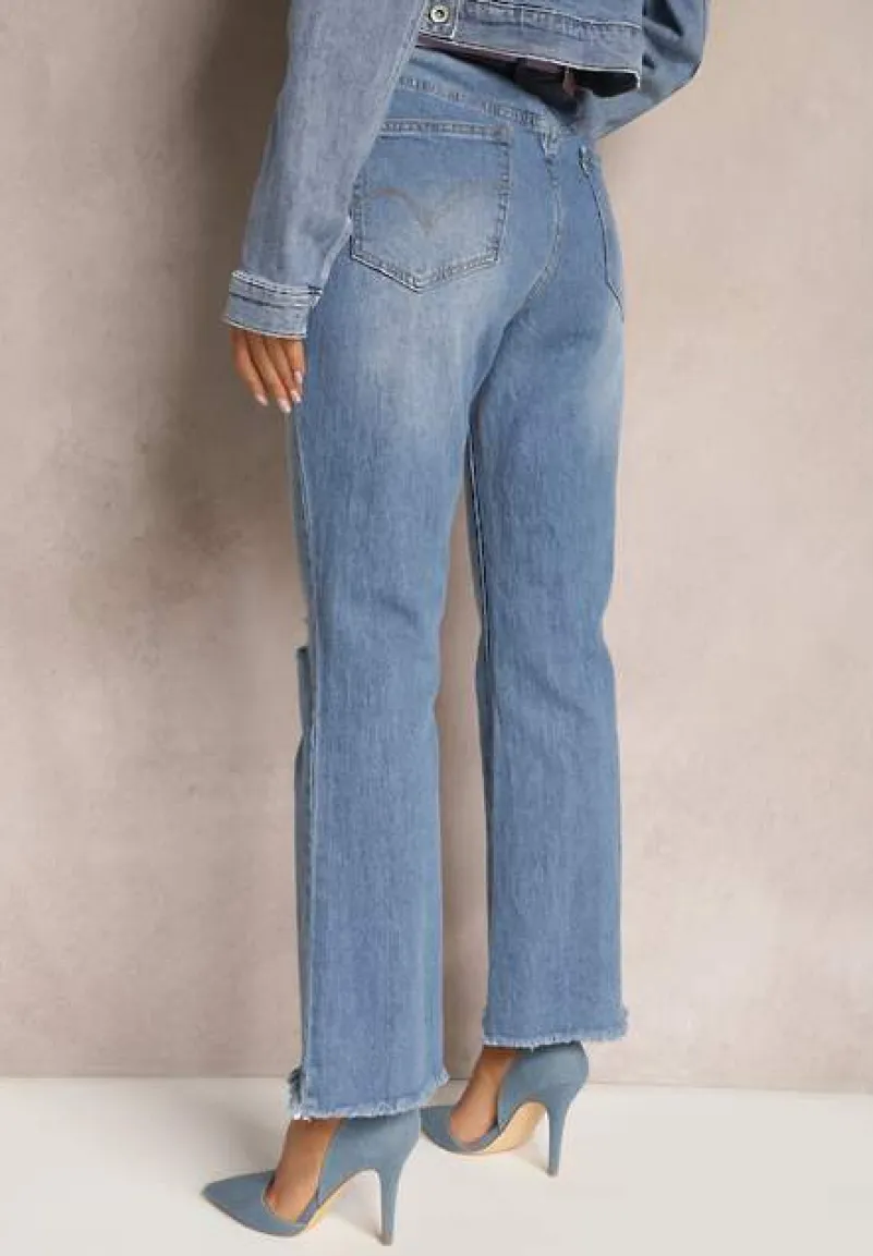 Niebieskie Jeansy Dzwony z Przedarciami i Paskiem z Klamrą z Cyrkoniami Letha