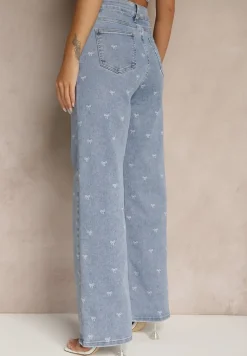 Niebieskie Jeansy High Waist z Szeroką Nogawką i Nadrukiem w Kokardki Folirela