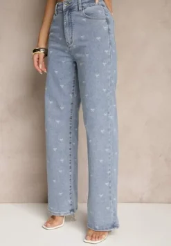 Niebieskie Jeansy High Waist z Szeroką Nogawką i Nadrukiem w Kokardki Folirela