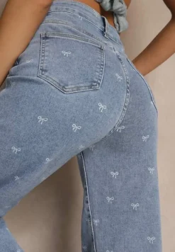 Niebieskie Jeansy High Waist z Szeroką Nogawką i Nadrukiem w Kokardki Folirela