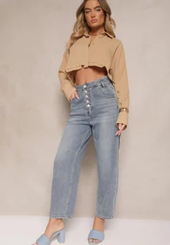 Niebieskie Jeansy High Waist z Bawełną o Kroju Mom Fit Efalina