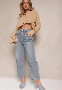 Niebieskie Jeansy High Waist z Bawełną o Kroju Mom Fit Efalina