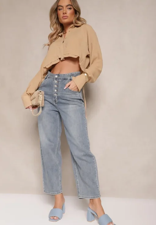 Niebieskie Jeansy High Waist z Bawełną o Kroju Mom Fit Efalina