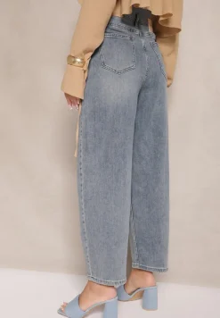 Niebieskie Jeansy High Waist z Bawełną o Kroju Mom Fit Efalina
