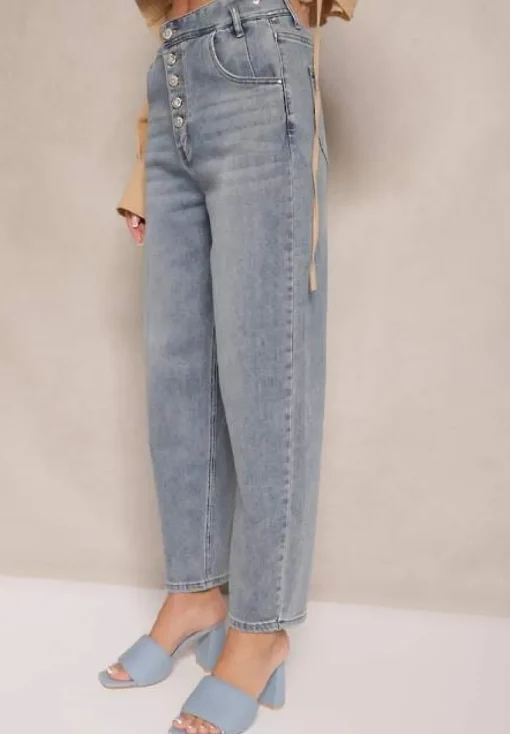 Niebieskie Jeansy High Waist z Bawełną o Kroju Mom Fit Efalina