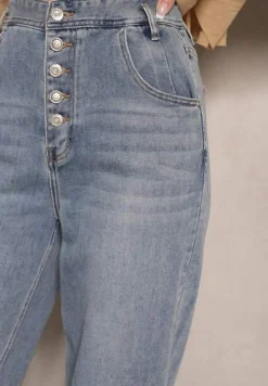 Niebieskie Jeansy High Waist z Bawełną o Kroju Mom Fit Efalina