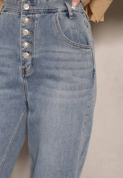 Niebieskie Jeansy High Waist z Bawełną o Kroju Mom Fit Efalina