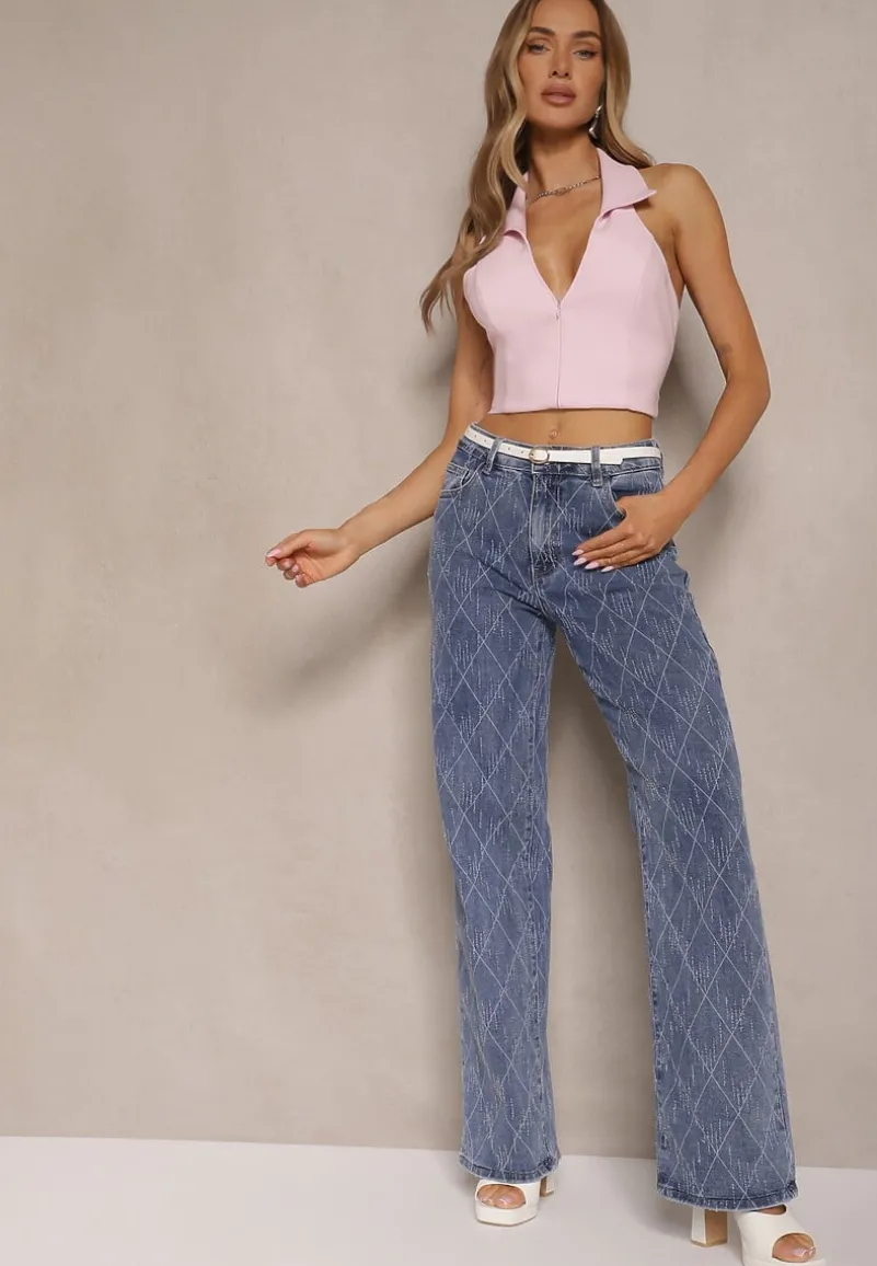 Niebieskie Jeansy High Waist z Szeroką Nogawką w Romby Carinell