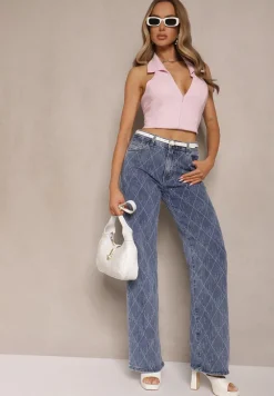 Niebieskie Jeansy High Waist z Szeroką Nogawką w Romby Carinell