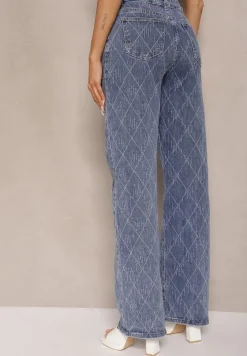 Niebieskie Jeansy High Waist z Szeroką Nogawką w Romby Carinell