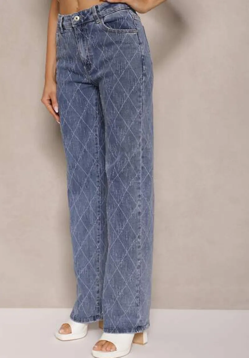 Niebieskie Jeansy High Waist z Szeroką Nogawką w Romby Carinell