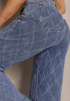 Niebieskie Jeansy High Waist z Szeroką Nogawką w Romby Carinell