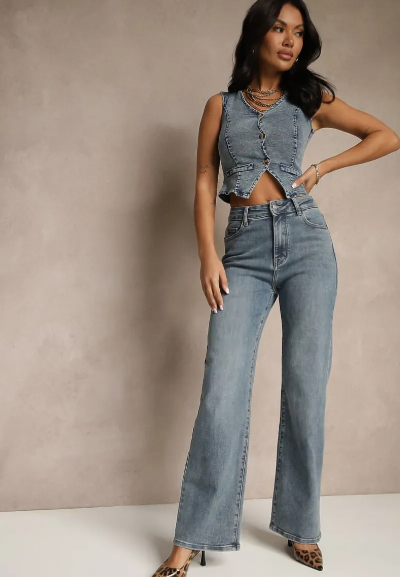 Niebieskie Jeansy High Waist z Szeroką Nogawką Uliswena