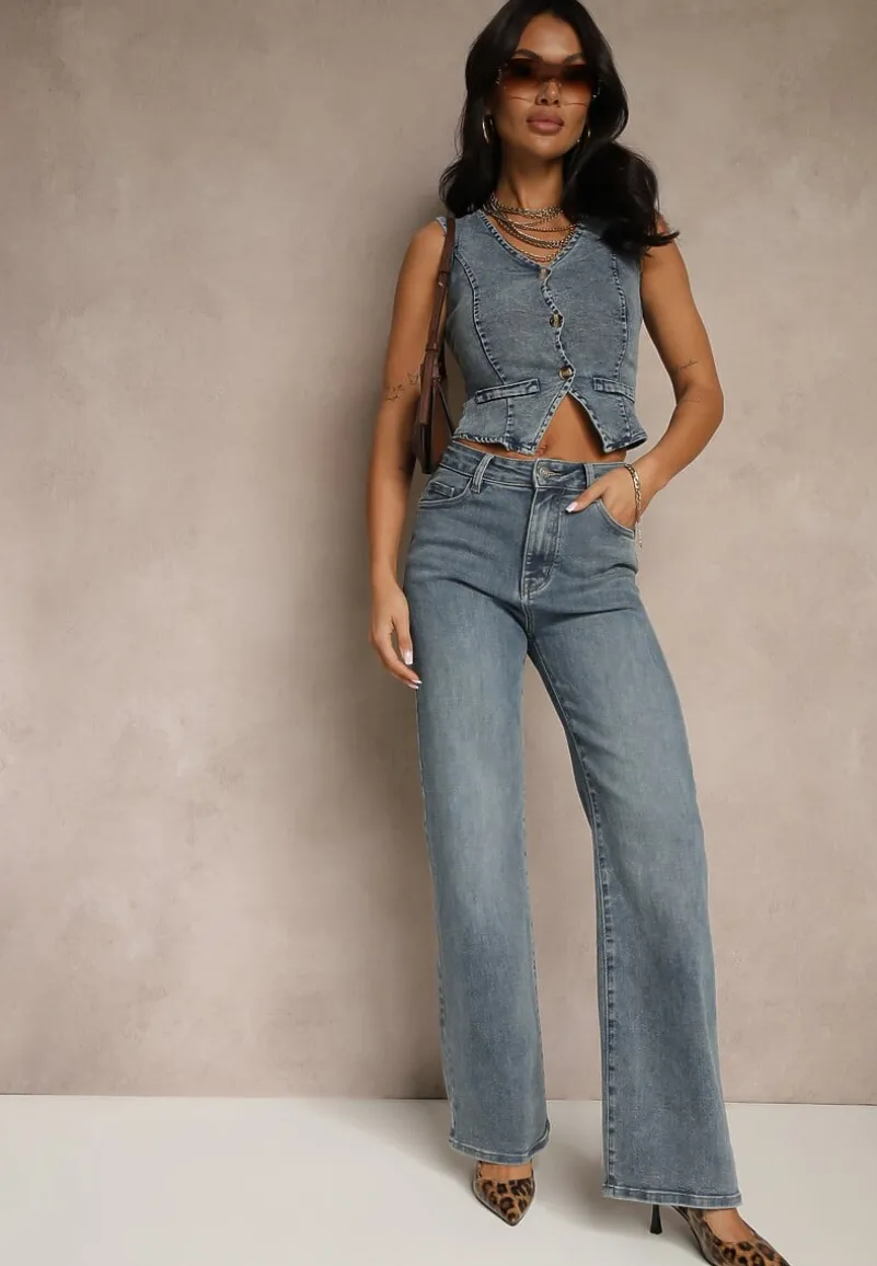 Niebieskie Jeansy High Waist z Szeroką Nogawką Uliswena