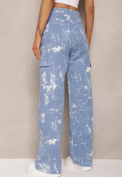 Niebieskie Jeansy High Waist z Designerskim Wzorem z Szerokimi Nogawkami Joltta