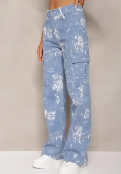 Niebieskie Jeansy High Waist z Designerskim Wzorem z Szerokimi Nogawkami Joltta