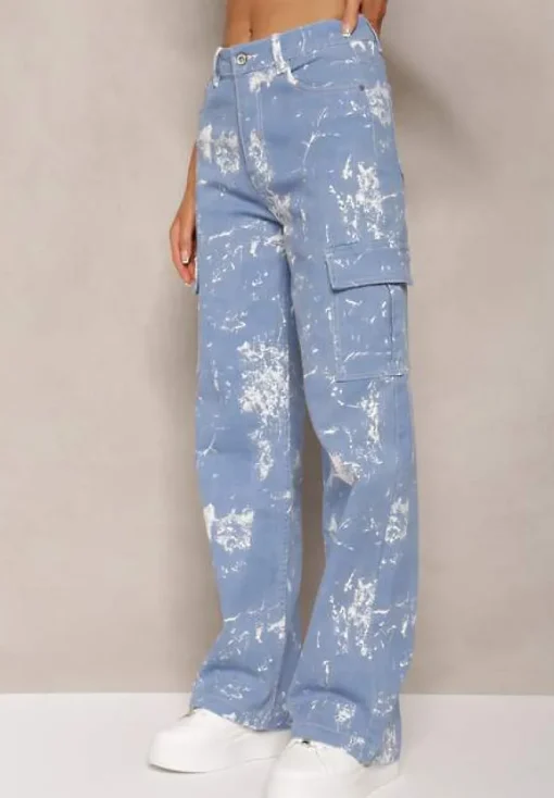 Niebieskie Jeansy High Waist z Designerskim Wzorem z Szerokimi Nogawkami Joltta