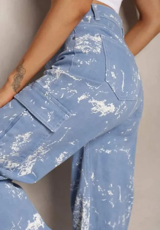 Niebieskie Jeansy High Waist z Designerskim Wzorem z Szerokimi Nogawkami Joltta