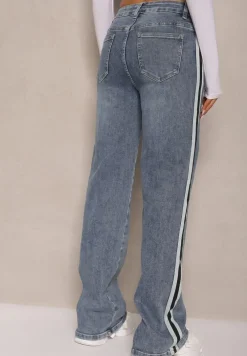 Niebieskie Jeansy High Waist o Szerokim Kroju Zdobione Lampasami Sesandria