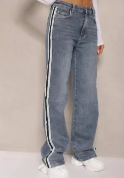 Niebieskie Jeansy High Waist o Szerokim Kroju Zdobione Lampasami Sesandria