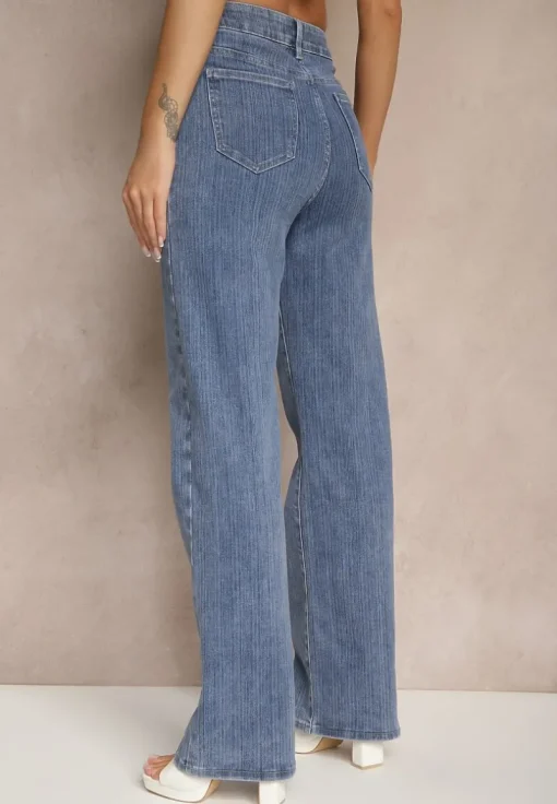 Niebieskie Jeansy High Waist Delikatnie Prążkowane o Szerokim Kroju Ulanissa