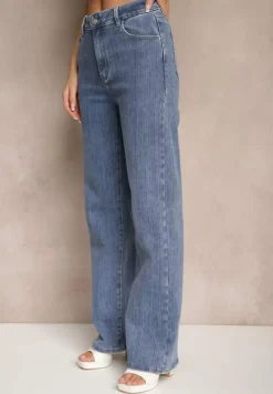 Niebieskie Jeansy High Waist Delikatnie Prążkowane o Szerokim Kroju Ulanissa