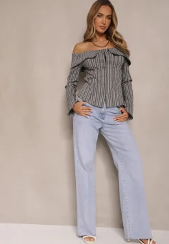 Niebieskie Jeansy High Waist o Szerokim Kroju Nelzedia