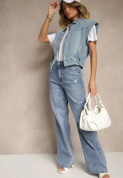 Niebieskie Jeansy High Waist z Szeroką Nogawką Zdobione Przetarciami Napinea