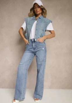 Niebieskie Jeansy High Waist z Szeroką Nogawką Zdobione Przetarciami Napinea