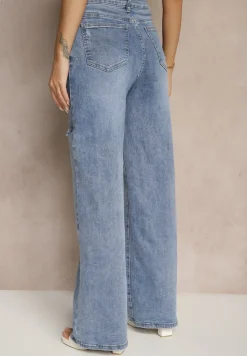 Niebieskie Jeansy High Waist z Szeroką Nogawką Zdobione Przetarciami Napinea