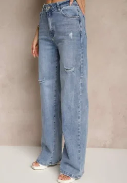 Niebieskie Jeansy High Waist z Szeroką Nogawką Zdobione Przetarciami Napinea