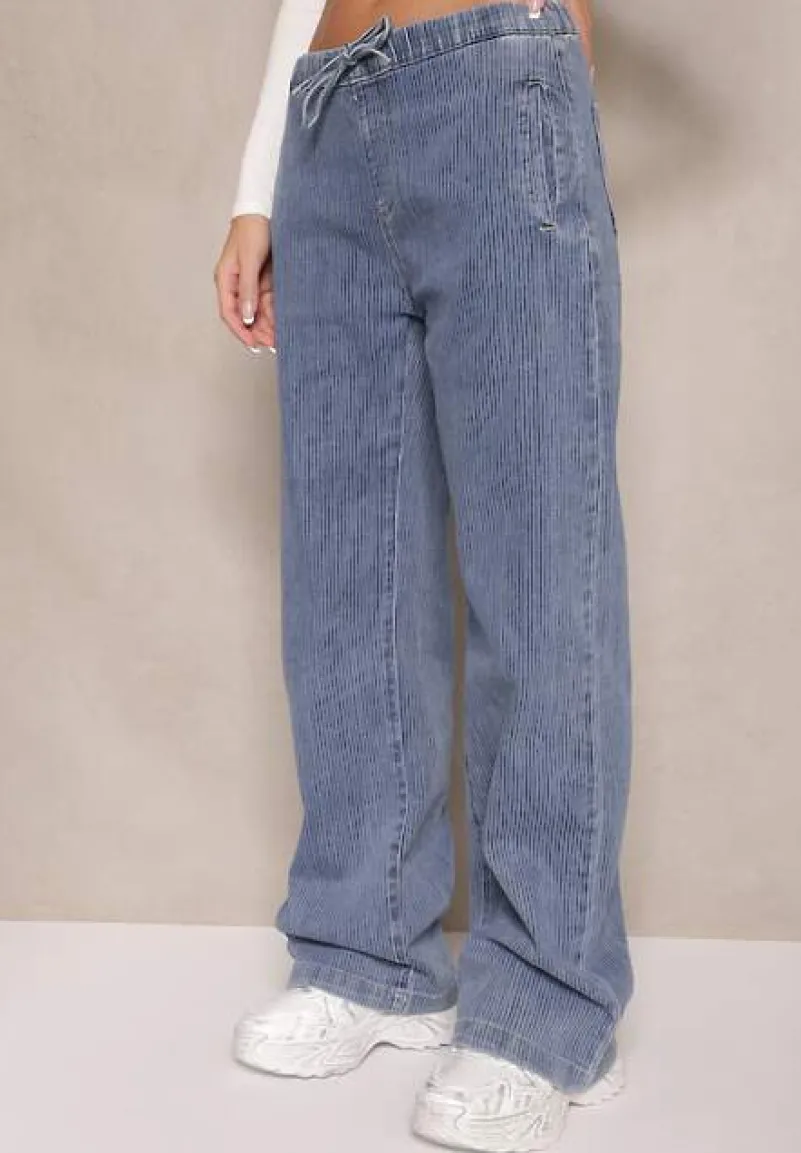 Niebieskie Jeansy High Waist z Szeroką Nogawką i Gumką w Talii Norvila