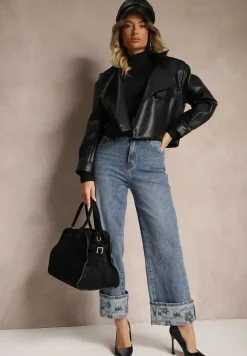 Niebieskie Jeansy High Waist z Szerokimi Nogawkami Ozdobnie Wywiniętymi z Paskiem Loroma