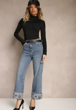 Niebieskie Jeansy High Waist z Szerokimi Nogawkami Ozdobnie Wywiniętymi z Paskiem Loroma