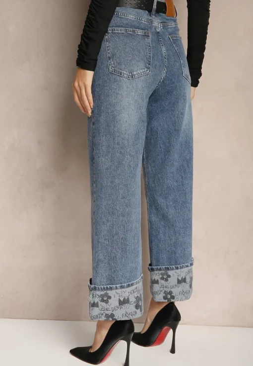 Niebieskie Jeansy High Waist z Szerokimi Nogawkami Ozdobnie Wywiniętymi z Paskiem Loroma