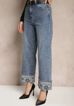 Niebieskie Jeansy High Waist z Szerokimi Nogawkami Ozdobnie Wywiniętymi z Paskiem Loroma
