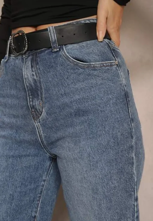 Niebieskie Jeansy High Waist z Szerokimi Nogawkami Ozdobnie Wywiniętymi z Paskiem Loroma