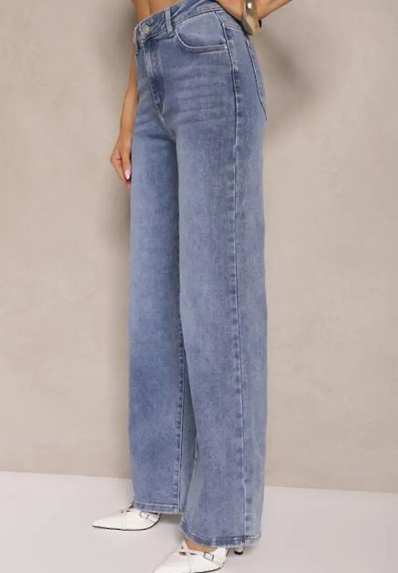 Niebieskie Jeansy High Waist Szerokie z Dodatkiem Bawełny Rivlio