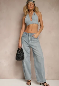 Niebieskie Jeansy High Waist Szerokie z Cyrkoniami Relrive